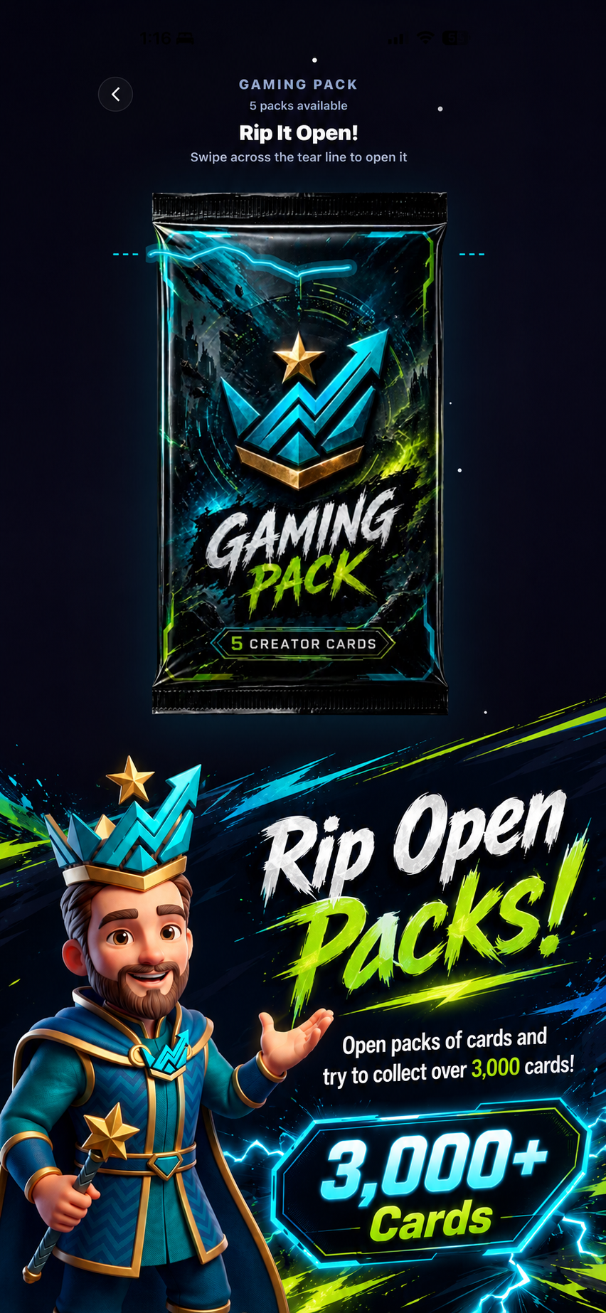 StreamPicks pack opening — rip open Gaming Packs to collect cards from 1,000+ creators.